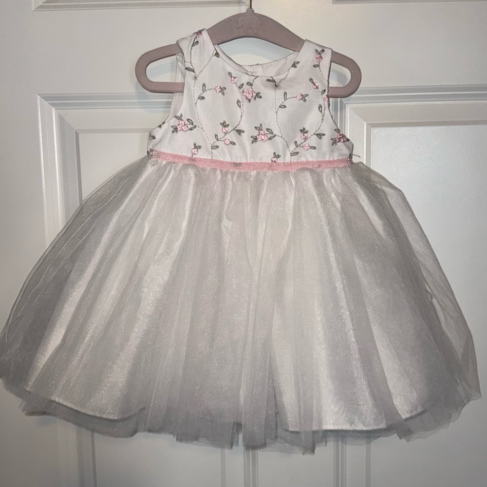 Never worn Floral Embroidered Baby Girl Size 6-9mo White Dress with Pink Accents